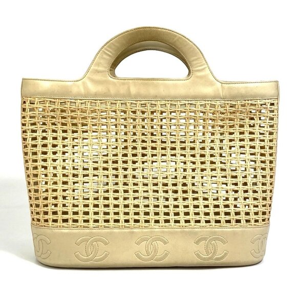 CHANEL CC CC Mark Basket Straw Bag Inner pouch Hand Bag Straw / Leather Beige - Picture 1 of 13
